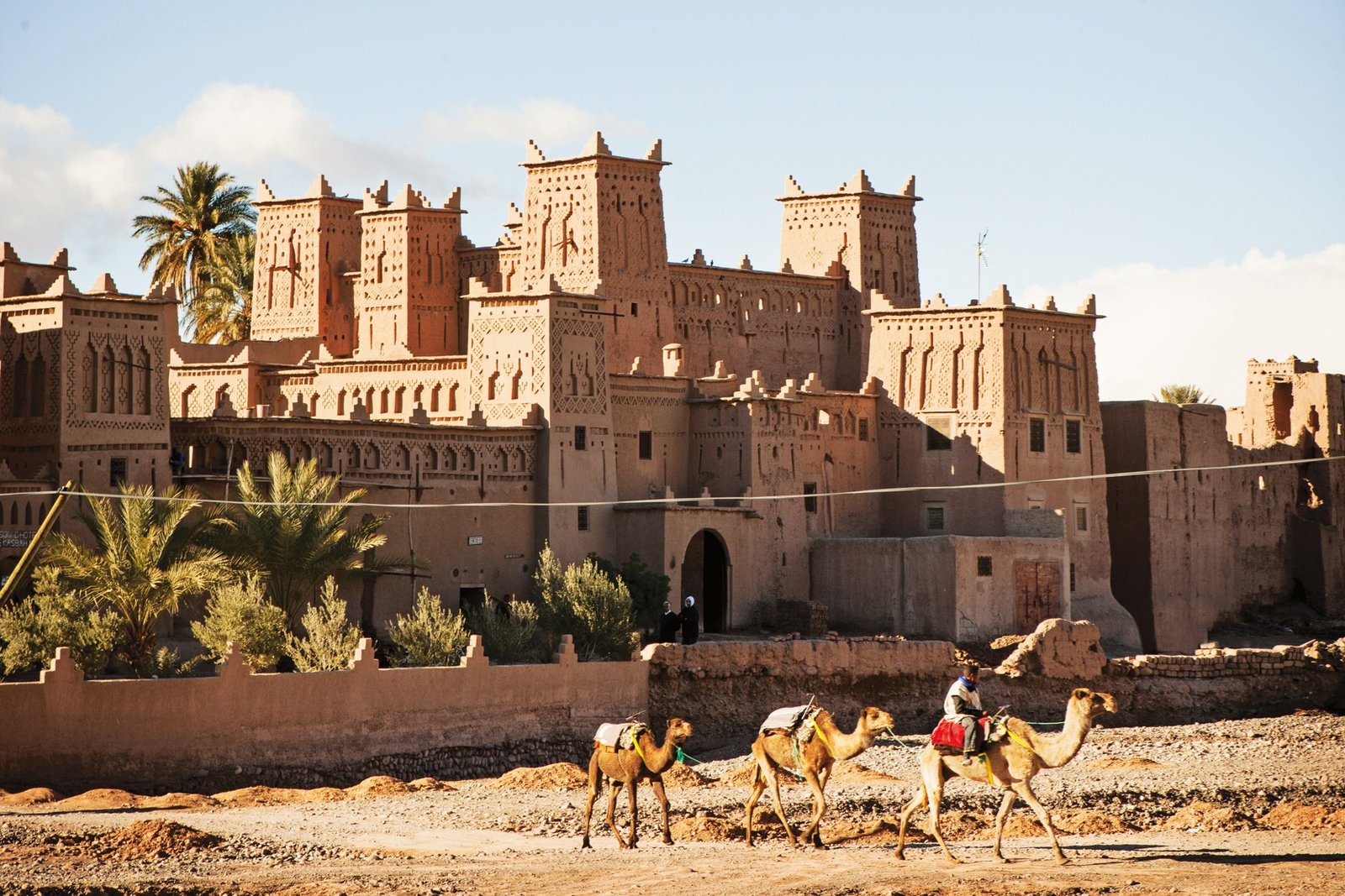 Earthen kasbah with palm trees and camels walking past