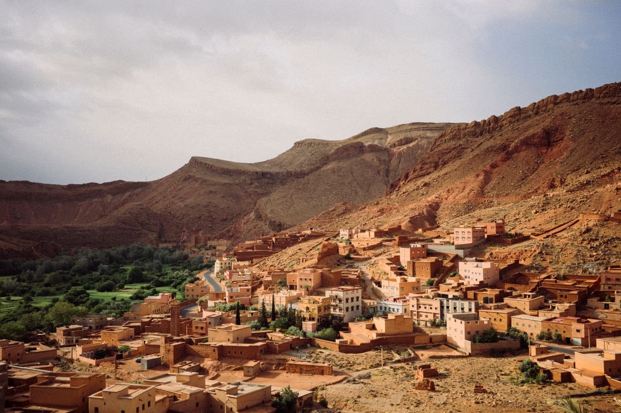 Village in a desert valley in Morocco seen from above