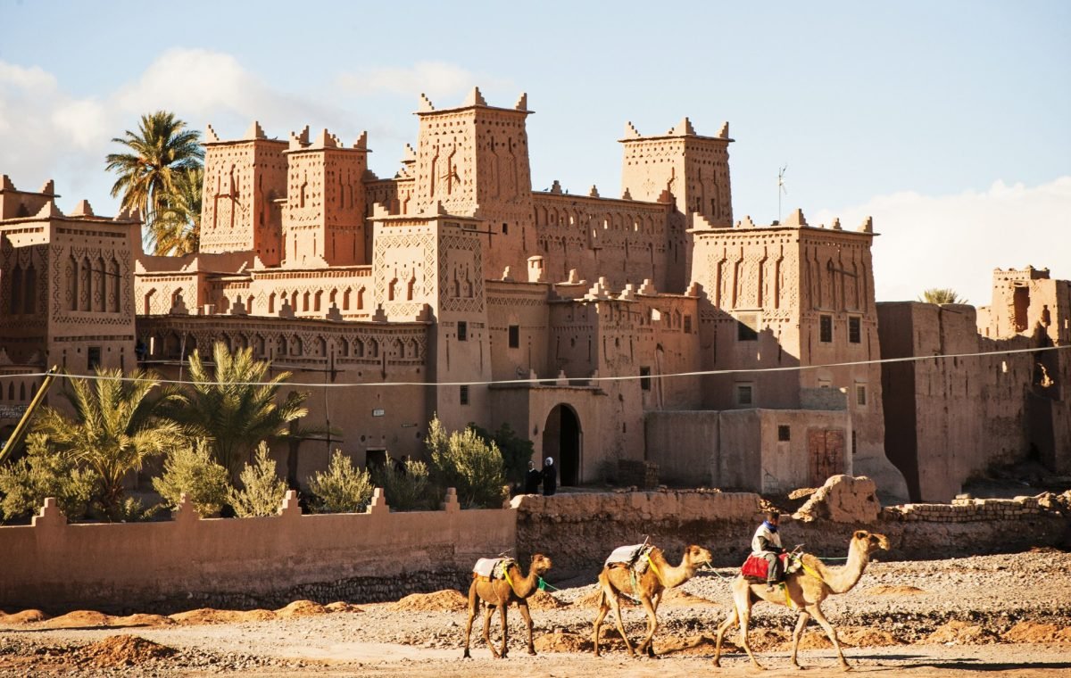 Earthen kasbah with palm trees and camels walking past