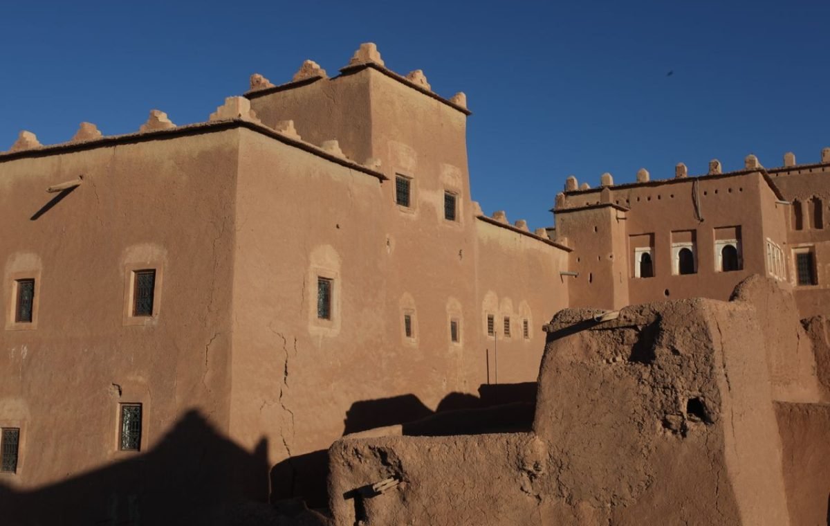 Mud-brick walls of the Taourirt Kasbah in Ouarzazate, on the road from Marrakech to Fes