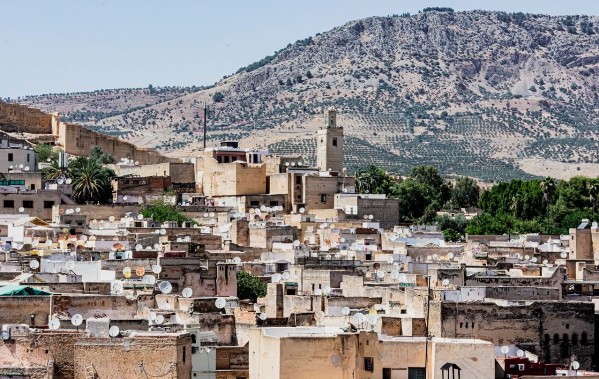 Fes medina seen from above with the Atlas Mountains behind