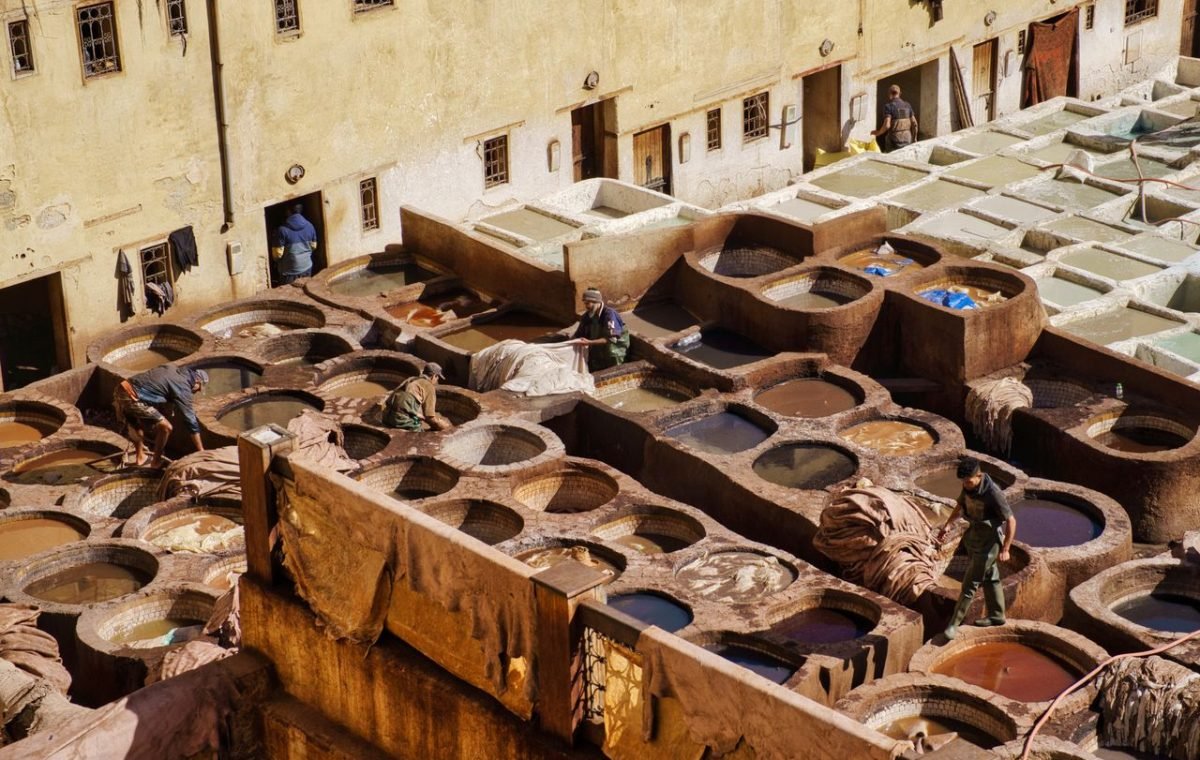 Tannery dye pits in Fes seen from above, between Marrakech and Casablanca