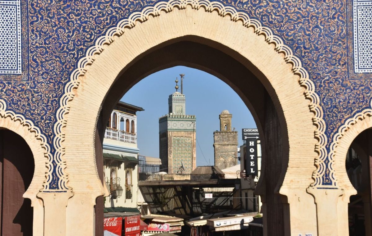 Bab Bou Jeloud gate in Fes with the medina behind, on a guided tour of the Fes medina