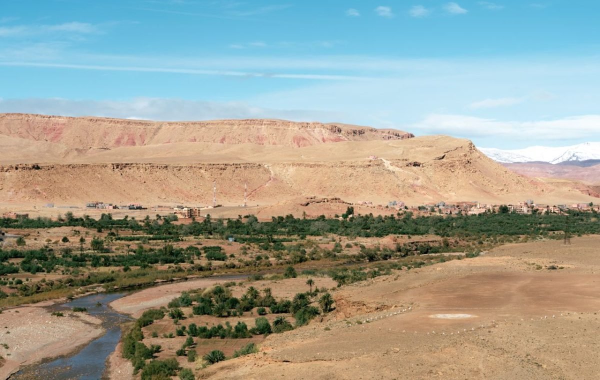 Desert valley with a winding river and mountains, on the road from Fes to Marrakech