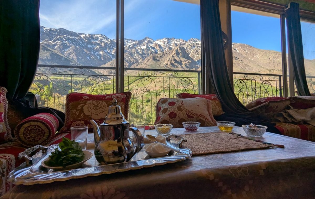 Mint tea set with a view of the Atlas Mountains at Tachdirt